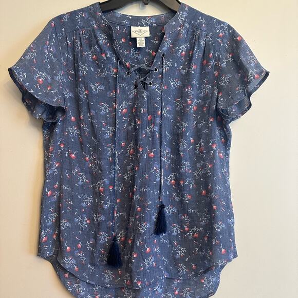 St. John's Bay Tops - St. John's Bay Navy Floral Lace-Up Blouse